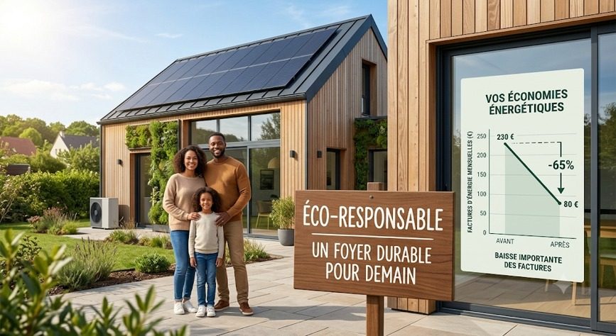 Famille devant une maison éco-responsable équipée de panneaux solaires